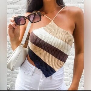 Le Lis Crochet Halter Top Multicolor Striped Size M Boho Summer